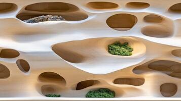 A wall with a lot of holes and plants in it photo
