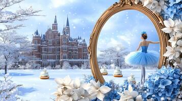 A ballerina in a blue tutu is looking at a mirror in front of a castle photo