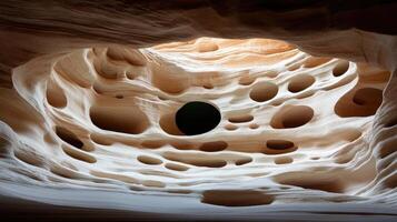 A person standing in a cave with a hole in it photo
