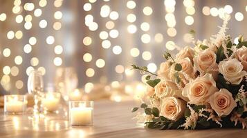 A bouquet of roses sits on a table with candles photo