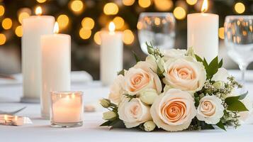 A table with candles and roses on it photo