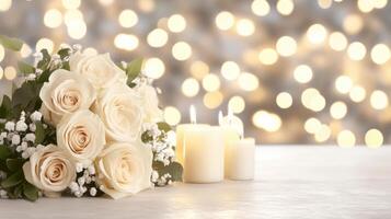 White roses and candles on a table with a blurred background photo