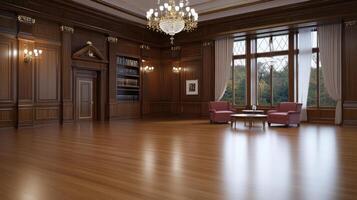 A large room with wooden floors and a chandelier photo