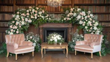 A wedding ceremony in front of a fireplace with two chairs and a chandelier photo