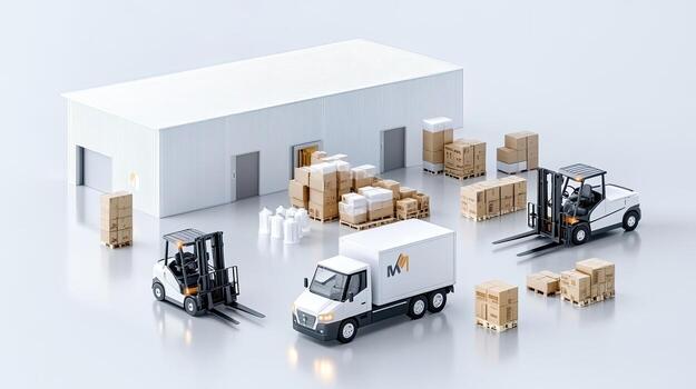 3d rendering of a warehouse with forklifts and trucks photo