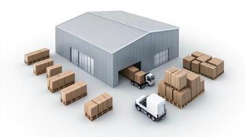A warehouse with boxes and a truck photo