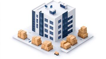 Isometric view of a building with boxes and pallets photo