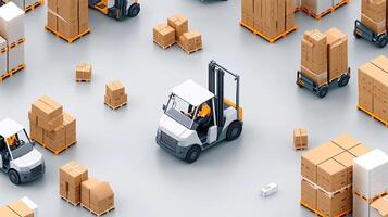 A forklift truck is driving around a warehouse photo