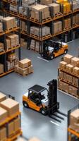 A forklift truck is driving through a warehouse photo