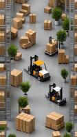 3d rendering of forklift trucks and boxes in a warehouse photo