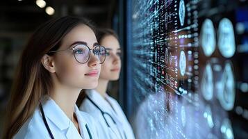 Two women in lab coats looking at a computer screen photo