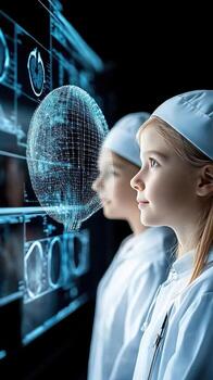 Two children in white lab coats looking at a computer screen photo