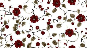 A floral pattern with red flowers and leaves photo