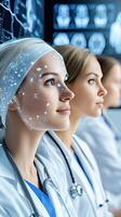 A group of doctors in white coats with their heads covered with sensors photo