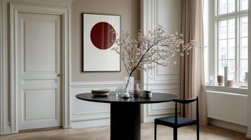 A dining room with a black table and a painting on the wall photo
