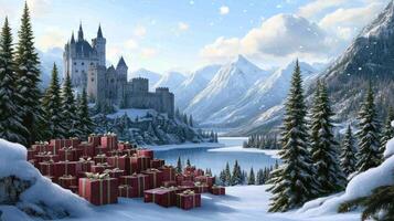 Christmas presents in the snow with a castle in the background photo