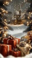 Christmas wallpaper with presents and trees photo