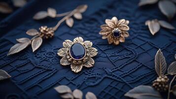 Golden brooches and earrings on a dark blue background photo