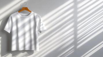 White t - shirt hanging on a hanger in front of a wall photo