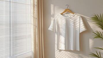 White t - shirt hanging on a wooden hanger in front of a window photo