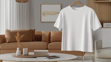 White t - shirt mockup in living room photo