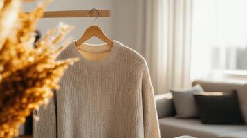 A sweater hanging on a hanger in a room photo