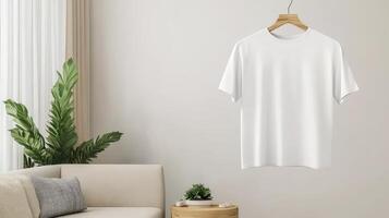 White t - shirt hanging on a wooden hanger in a room photo