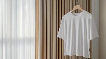 White t - shirt hanging on a hanger in front of a window photo