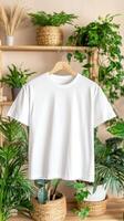 White t - shirt mockup on wooden hanger photo