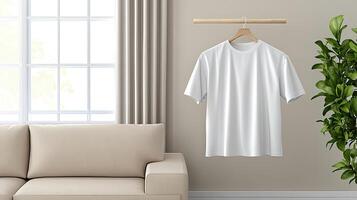 A white t - shirt hanging on a wooden hanger in front of a window photo