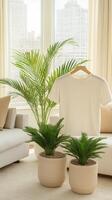 A white shirt is hanging in front of a plant photo