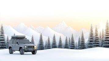 Land rover defender in the snow with mountains in the background photo