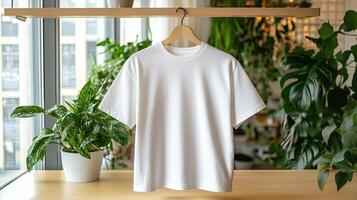 White t - shirt on a wooden shelf photo