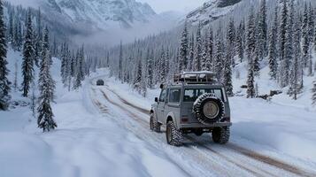 A jeep driving down a snowy road in the mountains photo
