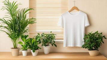 White t - shirt hanging on a wooden rack with potted plants photo