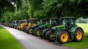 A row of tractors parked in a field photo