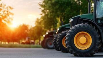 Tractors parked in a row at sunset photo