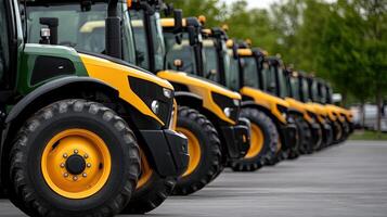 A row of yellow and green tractors photo