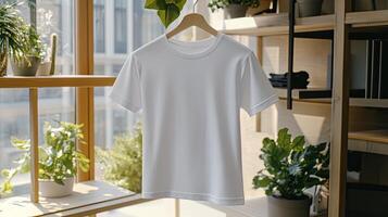 White t - shirt hanging on a wooden hanger in front of a window photo
