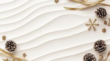 Christmas wreath with gold ribbon and pine cones on white paper photo