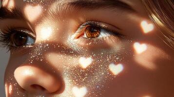 A close up of a girl's face with hearts on her face photo