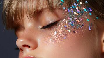A close up of a young girl with glitter on her face photo