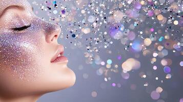 Beautiful woman with glitter on her face and sparkling stars photo