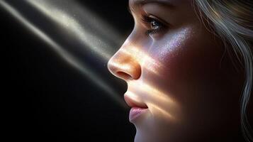 A woman with glitter on her face and a sun shining on her photo