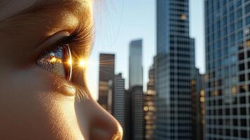 A close up of a city skyline with a child's eye photo