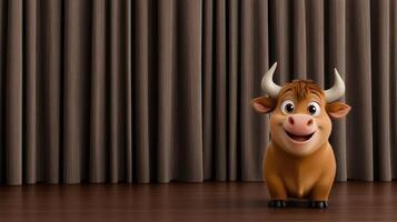 A cartoon cow standing in front of a curtain photo