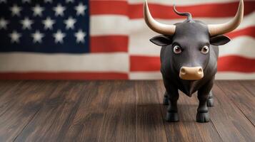 Bull on wood floor with american flag background photo