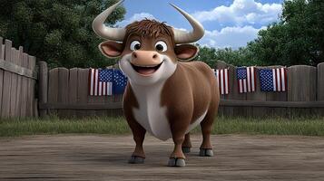A cartoon cow standing in front of a fence photo