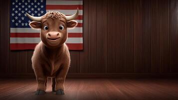 A cow standing in front of a flag photo