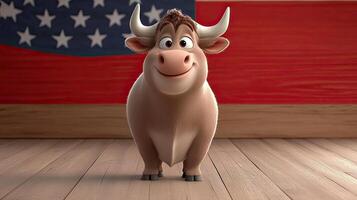 A cartoon cow standing in front of an american flag photo